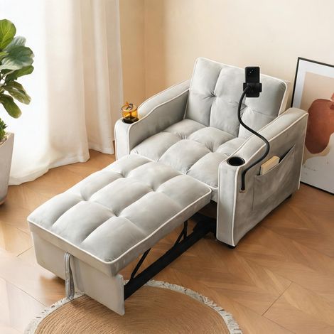 Canapé convertible 1 place en velours gris avec porte-gobelets (1/5)