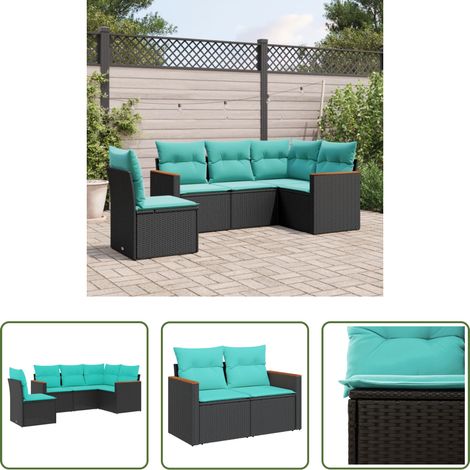 Gartenmöbel - 5-teiliges Gartensofa-Set mit Kissen, schwarzes Polyrattan (1/5)