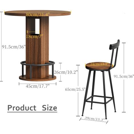 Ensemble table de bar et tabourets (3 pièces) — Plateau en bois avec repose-pieds circulaire en métal — Adapté pour salles à manger, cafés, bars, salons, etc. — Finition noyer