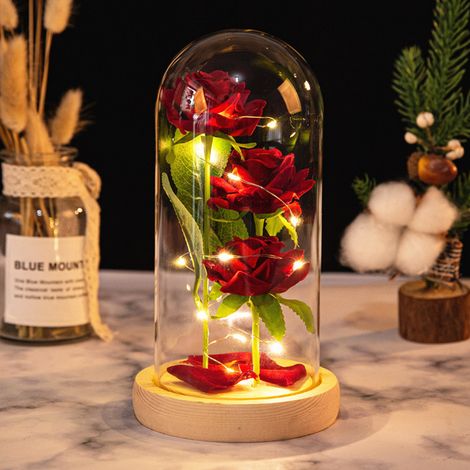 Lampenschirm aus Holz mit Grassockel, Schalter an der Unterseite, benötigt 3 AAA-Batterien (nicht im Lieferumfang enthalten). Verziert mit 3 Rosen unter einer Glasglocke – ein kreatives Geschenk für P (1/5)