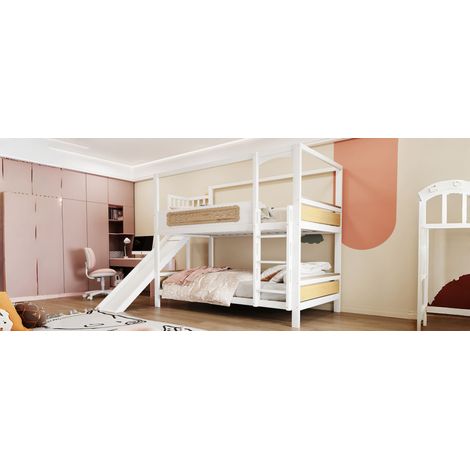 Lit superposé enfant 90x200 cm, cadre en forme de maison, barrières de sécurité rondes, toboggan et échelle large, bois naturel, lit gigogne (1/5)