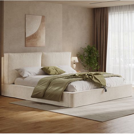 Lit coffre 180x200 cm avec rangement sous sommier, tête de lit rembourrée, en velours, beige, sans matelas (1/5)