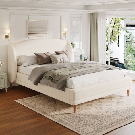 Lit 140x190 cm tissu bouclé, tête de lit capitonnée à oreilles, sommier à lattes, pieds en bois, blanc ivoire (1/5)