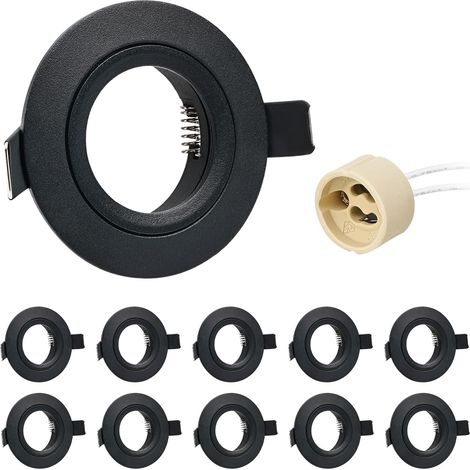 10x Spot Encastrable GU10 Aluminium Noir, spot led encastrable de plafond Projecteurs Cadre Avec Douille GU10, Rond Support extra plat Pour Lampes LED Ou Halogènes, Trou de montage ø60-70mm (1/5)