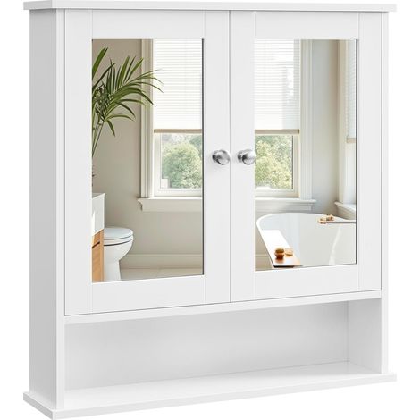 NOLUXA Armoire Murale, Meuble Salle de Bain, Placard de Rangement, Armoire Suspendue, 2 Portes-miroir et Compartiment Ouvert, Étagère Réglable, 13 x 55 x 58,5 cm, Blanc (1/5)