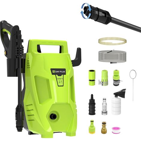 Nettoyeur haute pression, nettoyeur haute pression électrique de 1500 watts, avec tuyau de 7 mètres et cordon d'alimentation de 5 mètres, buse réglable, adapté aux cours et aux voitures, vert (1/5)