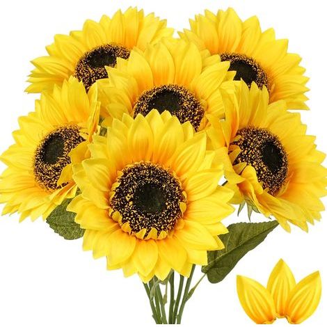 Lot de 6 tournesols artificiels, grandes fleurs artificielles ressemblant à de vraies fleurs décoratives - Jaune (1/5)