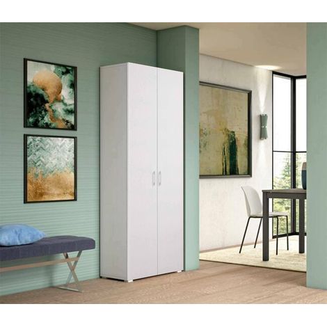 Dmora - Armario multiusos Ddrega, Armario lineal con 2 puertas batientes, armario de 6 estantes, zapatero moderno, 100% Made in Italy, 72x37h195 cm, Blanco (1/5)