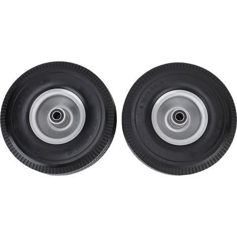 Set of 2 solid 10-inch (4.10/3.50-4 inch) puncture-proof rubber tires with 5/8" bearings and a 2.2" offset hub for wheelbarrows. (1/5)