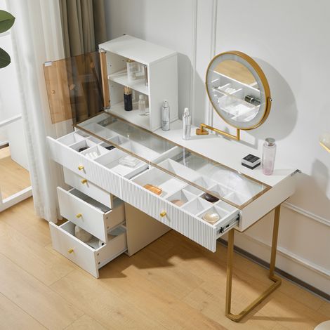Schminktisch 120/45/115 cm in Weiß und Gold mit 3-farbigem LED-Spiegel, modernes Design (1/5)