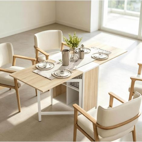 Tavolo da pranzo estensibile, pieghevole, 170 x 60 x 75 cm, bianco e rovere chiaro, MDF e acciaio (1/5)