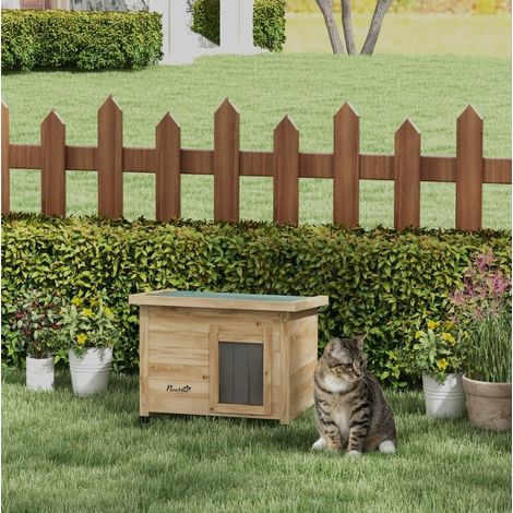 Maison pour chat 57x45x43 cm en bois naturel, facile à monter, extérieur FloraGrace (1/5)