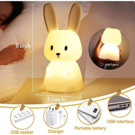Veilleuse Bebe Bunny Tactile 7 Couleurs de Lumière Fonction Minuterie Lampe de Chevet Pour Chambre D'enfant Cadeau Jouet Veilleuse (1/4)