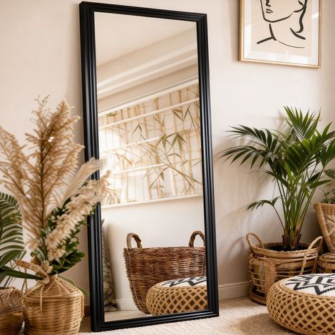 Grand miroir sur pied 160x50 cm en bois noir, design moderne pour salon, FLORAGRACE (1/5)