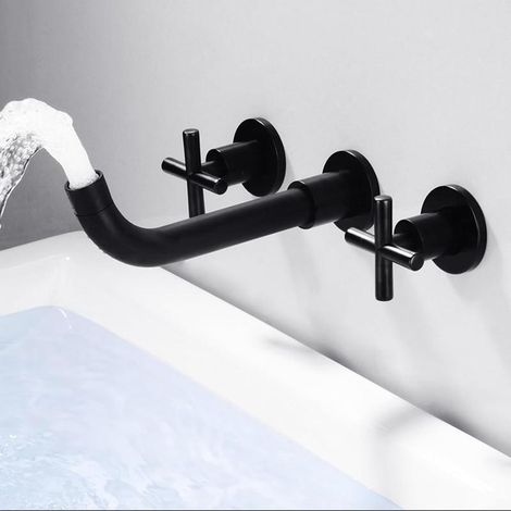 Robinet mitigeur mural rétro noir à 3 trous, robinet pivotant pour une salle de bain moderne et élégante (1/4)