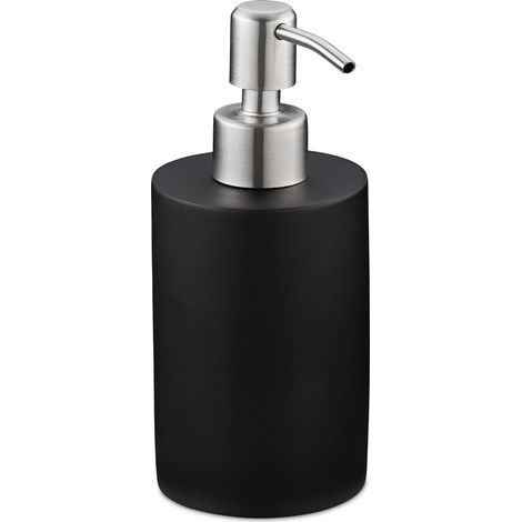 Dispensador de jabón líquido Relaxdays, 180 ml, recargable, baño/WC/cocina, poliresina, bomba acero inoxidable, negro (1/5)