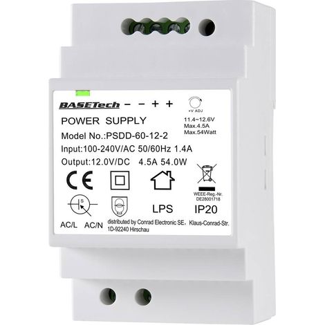 Basetech BT-2250320 Alimentation rail DIN 12 V 4.5 A 54 W Nbr. de sorties:2 x Contenu 1 pc(s) (1/4)