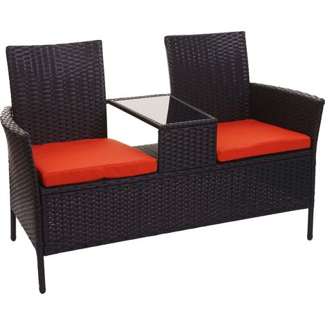[NEUWERTIG] Poly-Rattan Sitzbank mit Tisch HHG-243, Gartenbank Sitzgruppe Gartensofa, 132cm schwarz, Kissen terracotta