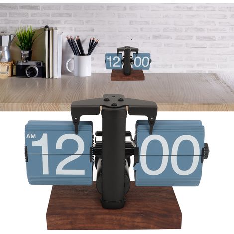 Horloge à affichage automatique minimaliste et créative, objet de décoration rétro pour bureau ou salon, horloge mécanique numérique pour la maison, socle en bois noir 12 heures, bleu nuit. (1/5)