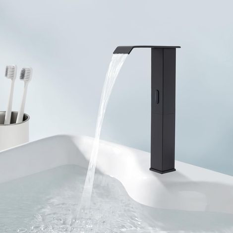 Robinet automatique à capteur infrarouge - Noir - 31 cm de haut - Robinet de lavabo sans contact avec bec cascade et valve de température réglable pour cuisine et salle de bain
