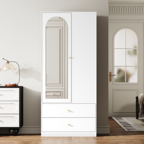 Armoire de chambre avec miroir et 1 porte - 80x40x180 cm - Garde-robe moderne en mdf avec 2 tiroirs et 4 étagères pour dressing et entrée - Blanc (1/5)