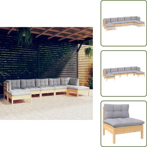 7-tlg. Garten-Lounge-Set mit Grauen Kissen Kiefernholz - Garten Lounge Set - Kiefernholz Möbel - Outdoor Furniture - Loungemöbel - Gartenmöbel (1/5)