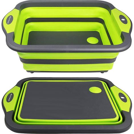 Planche à découper Pliable – Planche à découper Multifonction, égouttoir de lavabo et Bol à Laver, Bouchon d'égouttement, Ciseaux de Cuisine Portable pour Camping, Pique-Nique, Barbecue (Vert) (1/5)