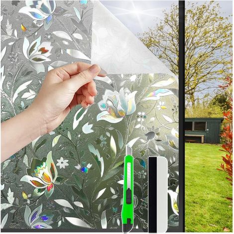 1 Film Fenetre Anti Regard 44.5x200cm, Effet Arc-en-Ciel, Motif Tulipe, Protection UV Chaleur, Pose Sans Colle (1/5)