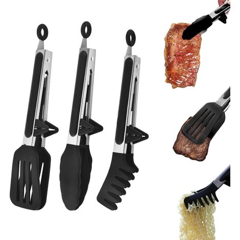 3-Piece Stainless Steel Kitchen Tongs Silicone 27 cm Kitchen Tongs BPA Free Barbecue Tongs Food Tongs Kitchen Spaghetti Tongs for Barbecue Salad Grilling Buffet (1/5)