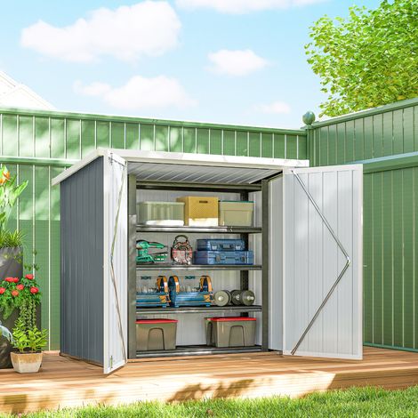 Caseta de jardín, 1,09 m², 2 puertas con cerradura, 147 x 86 x 134 cm, chapa de acero, gris claro/blanco