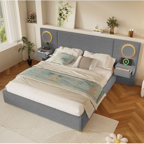 Letto imbottito 180x200 cm grigio in velluto con testiera LED, porte USB e comodini con cassetti (1/5)