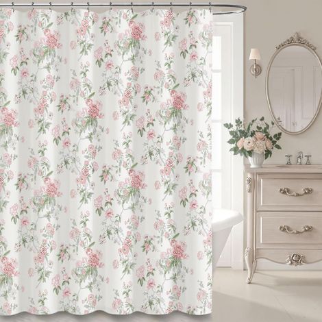 Cortina de ducha de estilo vintage con estampado floral en rosa y verde salvia, estilo rústico, 100% algodón, 180 x 180 cm, poliéster (1/5)