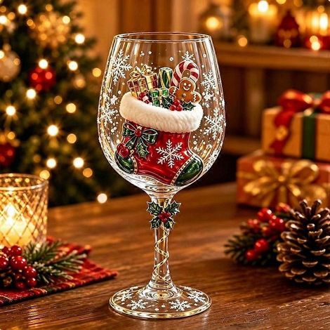 DVerre à vin de Noël à motif en relief, verres à pied décorés de sapin et de flocons de neige, verrerie festive pour boissons, présentoir de table. (1/5)