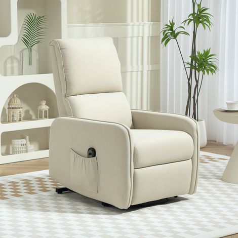 Sillón reclinable eléctrico de 135°, tapizado en tela efecto lino, con control remoto, reposapiés y bolsillo lateral, ideal para sala de estar y dormitorio, color beige. (1/5)