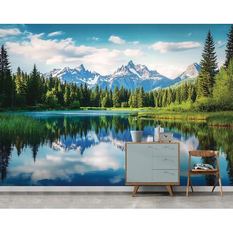 Vlies Fototapete Berge Gebirge 150x105 cm, Tapeten, für Wohn und Schlafzimmer, Vliestapete Wandtapete Tapete 3D Effekt- inkl. Kleister - Landschaft Natur See Wald, WallArena (1/4)