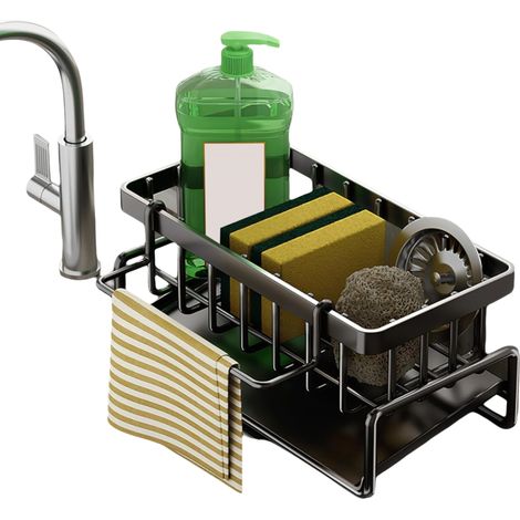 Organisateur sous évier - Porte-éponge de cuisine - avec bac d'égouttage - avec porte-serviettes amovible et boîte de rangement pour brosses à vaisselle - Idéal pour organiser la cuisine et la salle d (1/5)