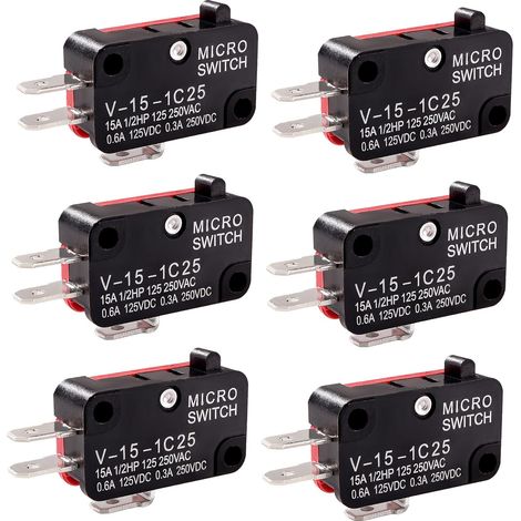6 Pièces V-15-1C25 Micro Limit Switch, 125V/250V 15A 1 NO 1 NC SPDT Snap Action Interrupteur, pour Porte de Four à Micro-Ondes (1/5)