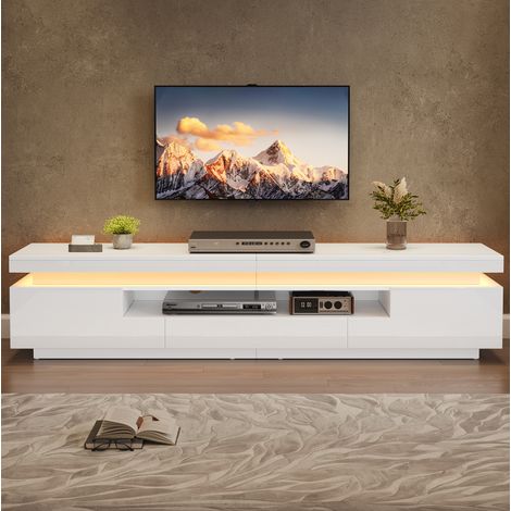 Mueble TV 175x38x45 cm blanco en tablero de partículas con LED, 2 armarios, 1 cajón y almacenaje semicubierto (1/5)