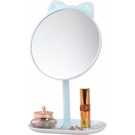Miroir de bureau de maquillage Miroir de table d'appoint avec poignée -Oreilles de chat bleu + peigne (1/5)
