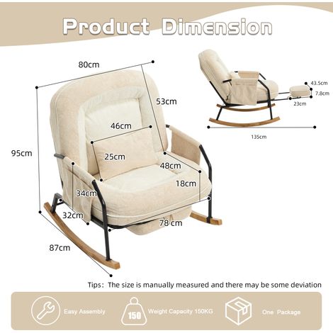 Fauteuil à bascule surdimensionné pour terrasse avec repose-pieds, poche latérale, coussin rembourré, dossier réglable, style ferme en bois, intérieur/extérieur, salon, chambre, balcon, fausse fourrur (1/5)