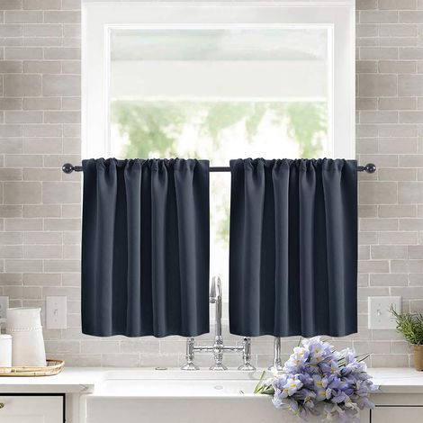 Lot de 2 Rideaux Occultants Cuisine 132x46 cm - Tissu Uni Haute Précision, Style Champêtre, pour Petites Fenêtres et Baies Vitrées, Bleu Marine-lsw (1/2)