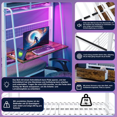 Lit superposé blanc 90x200 cm avec bureau intégré, éclairage LED, tiroir de rangement, certifié EN747, charge 250 kg par couchage. (1/5)