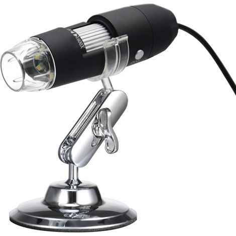 Microscopio digital USB con zoom, función OTG, iluminación LED de 8x, aumento de 1600x y soporte incluido.