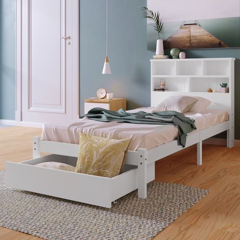 Letto singolo in legno massello con cassetti e rete a doghe, libreria, lettino per ragazzi e adulti, 90x200 cm bianco OKWISH (1/4)