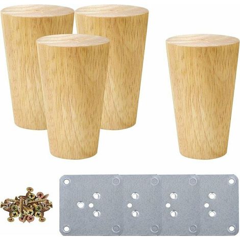Ensemble de 4 pieds de meubles en bois massif - Pieds ronds de 10 cm pour canapé avec plaque de fixation - Pieds de rechange pour fauteuil, table basse, commode (1/5)