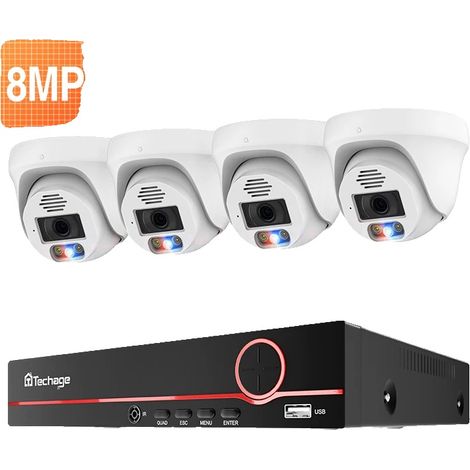 Sistema de videovigilancia, resolución de vídeo de 8 MP, audio bidireccional, NVR de 8 canales con 4 cámaras de 8 MP, disco duro integrado de 4 TB. (1/2)