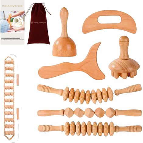 Kit de massage en bois 8 pièces – Outils de madérothérapie naturels pour drainage lymphatique et anti-cellulite, idéal soins corps et visage à domicile (1/5)