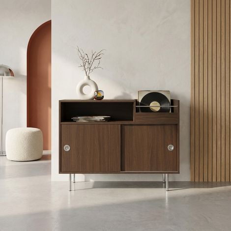 Meuble vinyle vintage décor bois et acier inoxydable 100cm noyer - Shelby