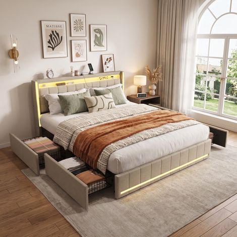 Superaly - Lit Double Capitonné 160x200cm - avec 4 Tiroirs de Rangement - éclairage LED télécommandé - Ports USB et Type-C intégrés - Sommier à Lattes - Lit adulte de minimaliste - Lin - Beige (1/5)