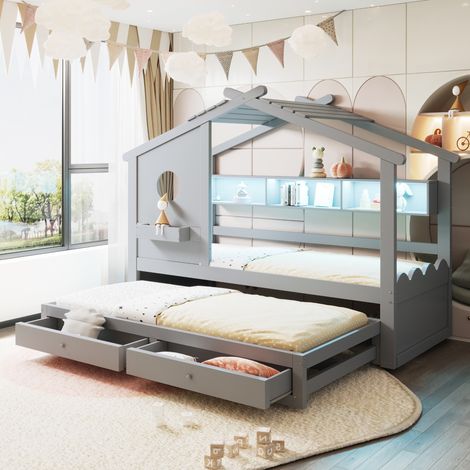 Hausbett 90 x 200 cm, Kinderbett mit Ausziehbett 90 x 190 cm, Hausdesign, 2 Schubladen, USB- und Type-C-Anschlüsse, LED-Beleuchtung, Regale und Stauraum – Grau